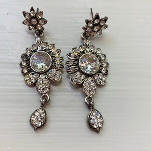 Sunflower Drop Dangle Silver Tone and Clear Stone Accents Earrings